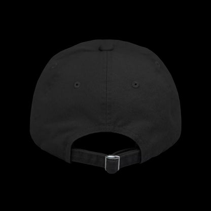 A black baseball cap against a black background.