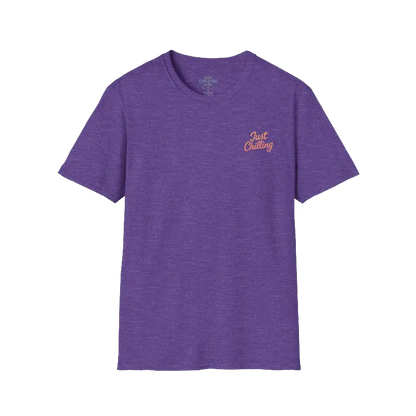 A purple t-shirt with the text "Just Chilling" printed on it.