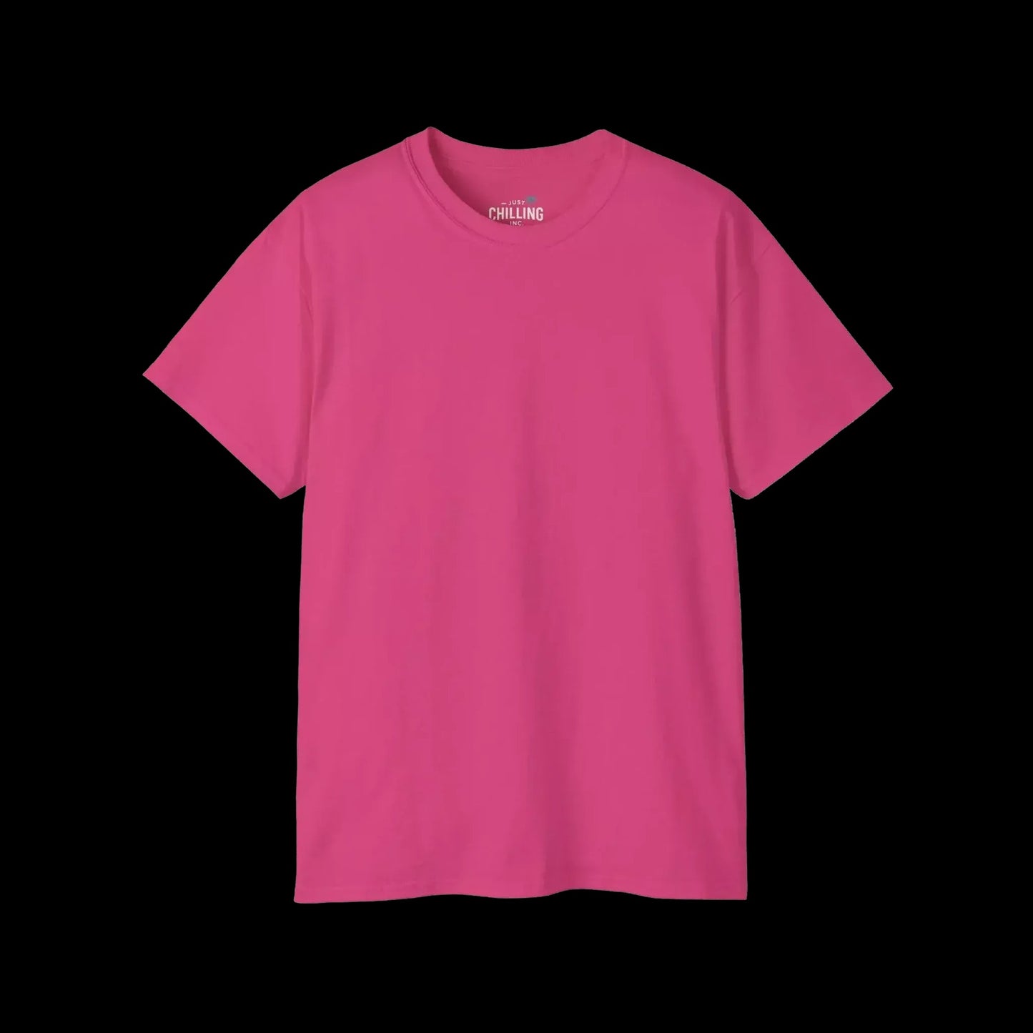 A bright pink t-shirt against a black background.
