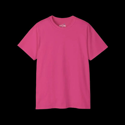 A bright pink t-shirt against a black background.