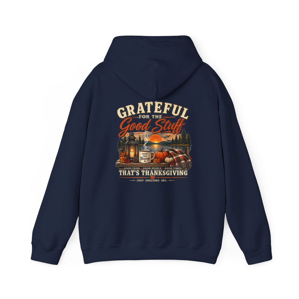 Navy blue hoodie with a British flag and text design on the back against a white background