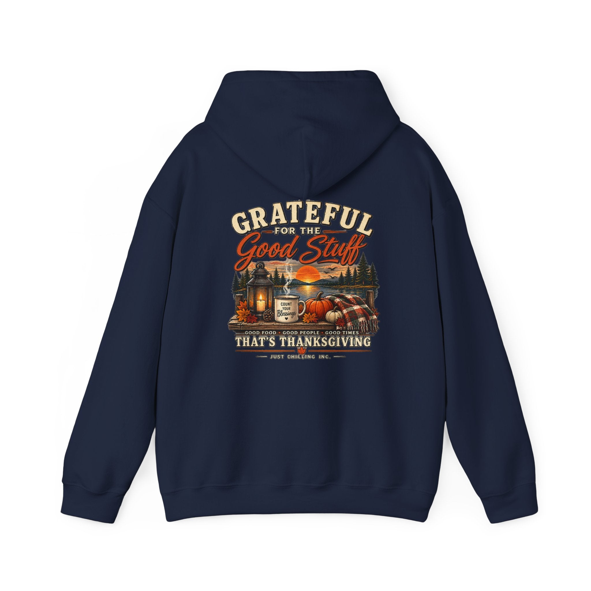 Navy blue hoodie with a British flag and text design on the back against a white background