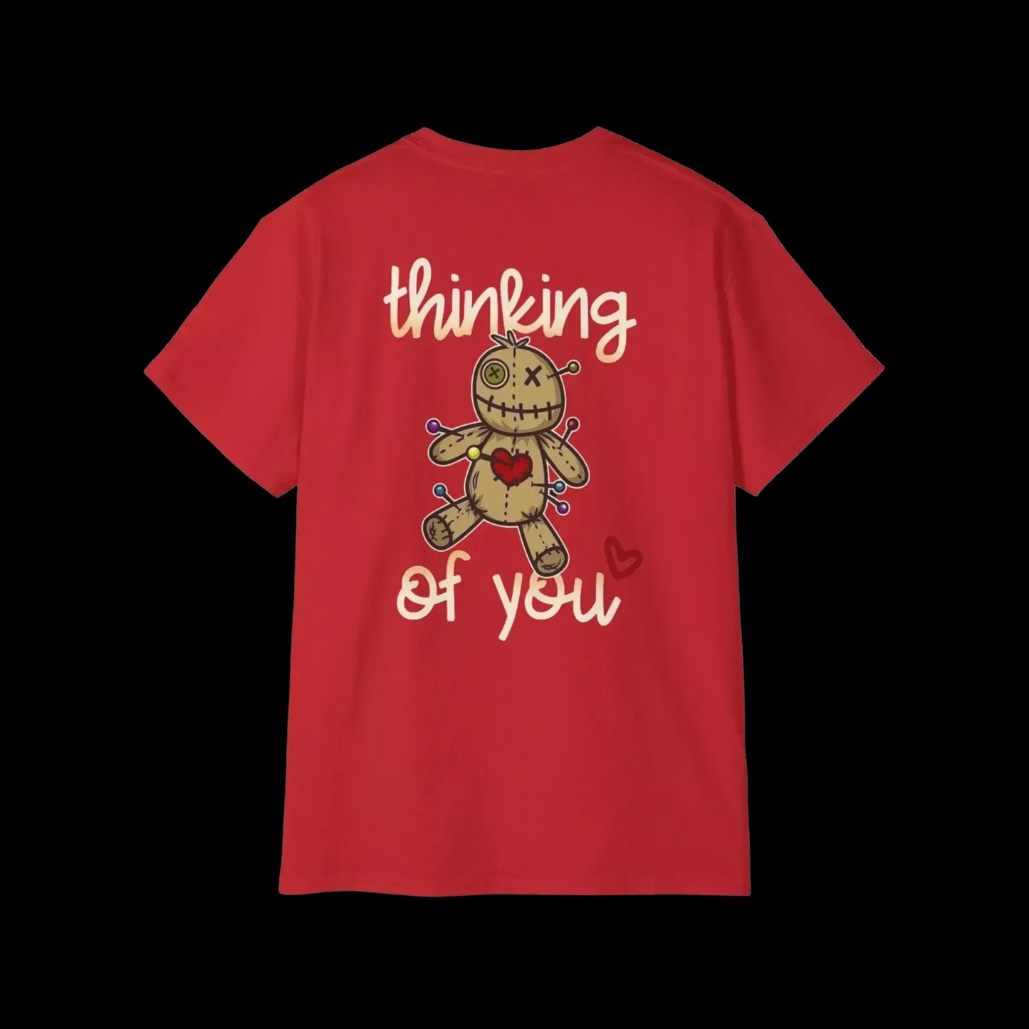 A red t-shirt with a cartoon voodoo doll and the text "Thinking of you" printed on it.