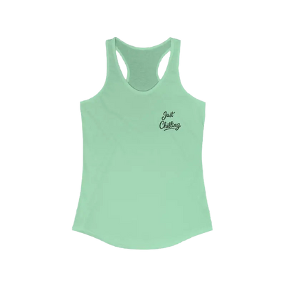 A mint green tank top with a small black text embroidered on the front.