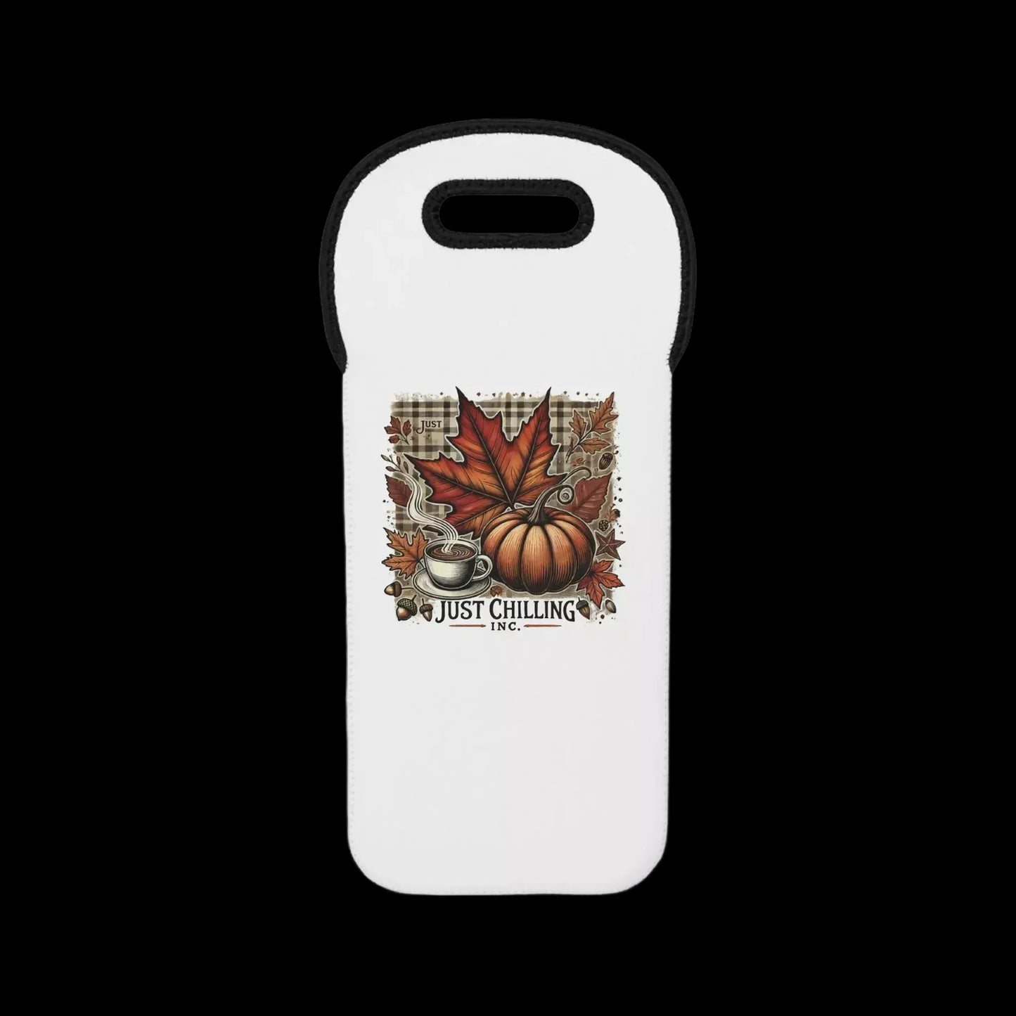 A white case with a graphic design featuring a pumpkin, leaves, and a cup of coffee.