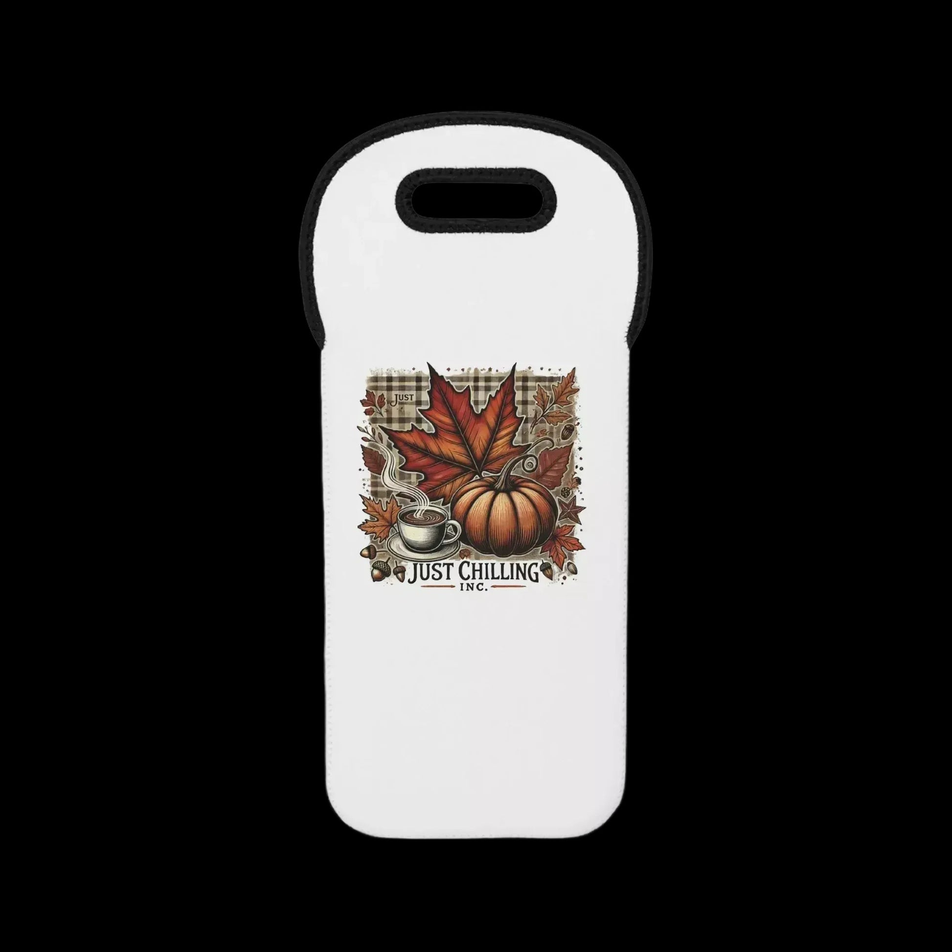 A white case with a graphic design featuring a pumpkin, leaves, and a cup of coffee.