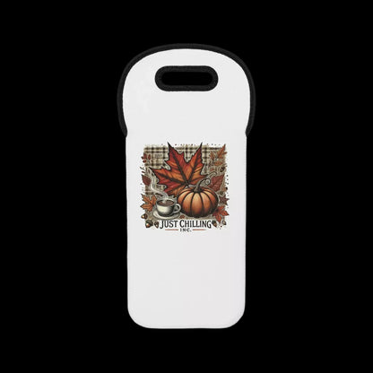 A white case with a graphic design featuring a pumpkin, leaves, and a cup of coffee.