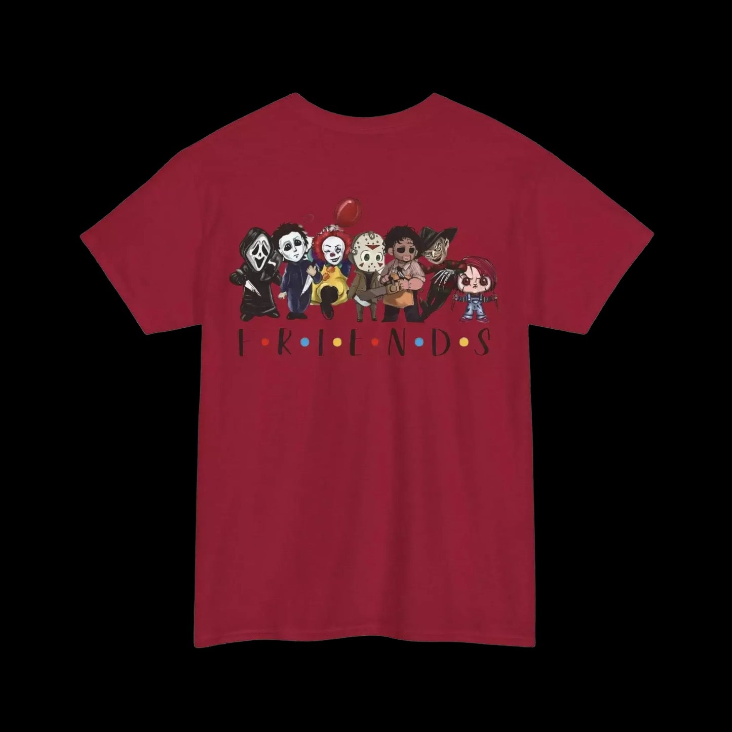 A red t-shirt with a graphic design featuring a group of cartoon characters, including a character with a red balloon, arranged in a row.