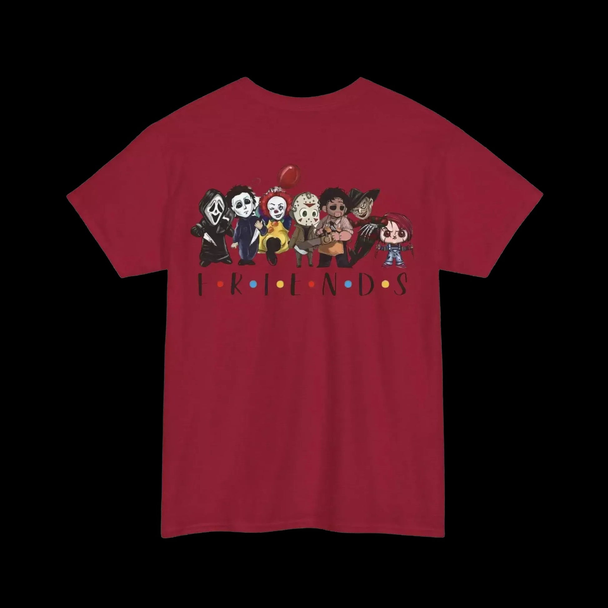 A red t-shirt with a graphic design featuring a group of cartoon characters, including a character with a red balloon, arranged in a row.