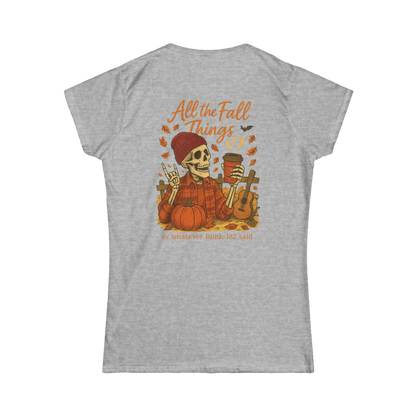 A gray t-shirt with an illustration of a skeleton wearing a red hat and holding a pumpkin, surrounded by autumn leaves and a guitar. The text on the back of the t-shirt says "All the Fall Things or whatever Blik said".