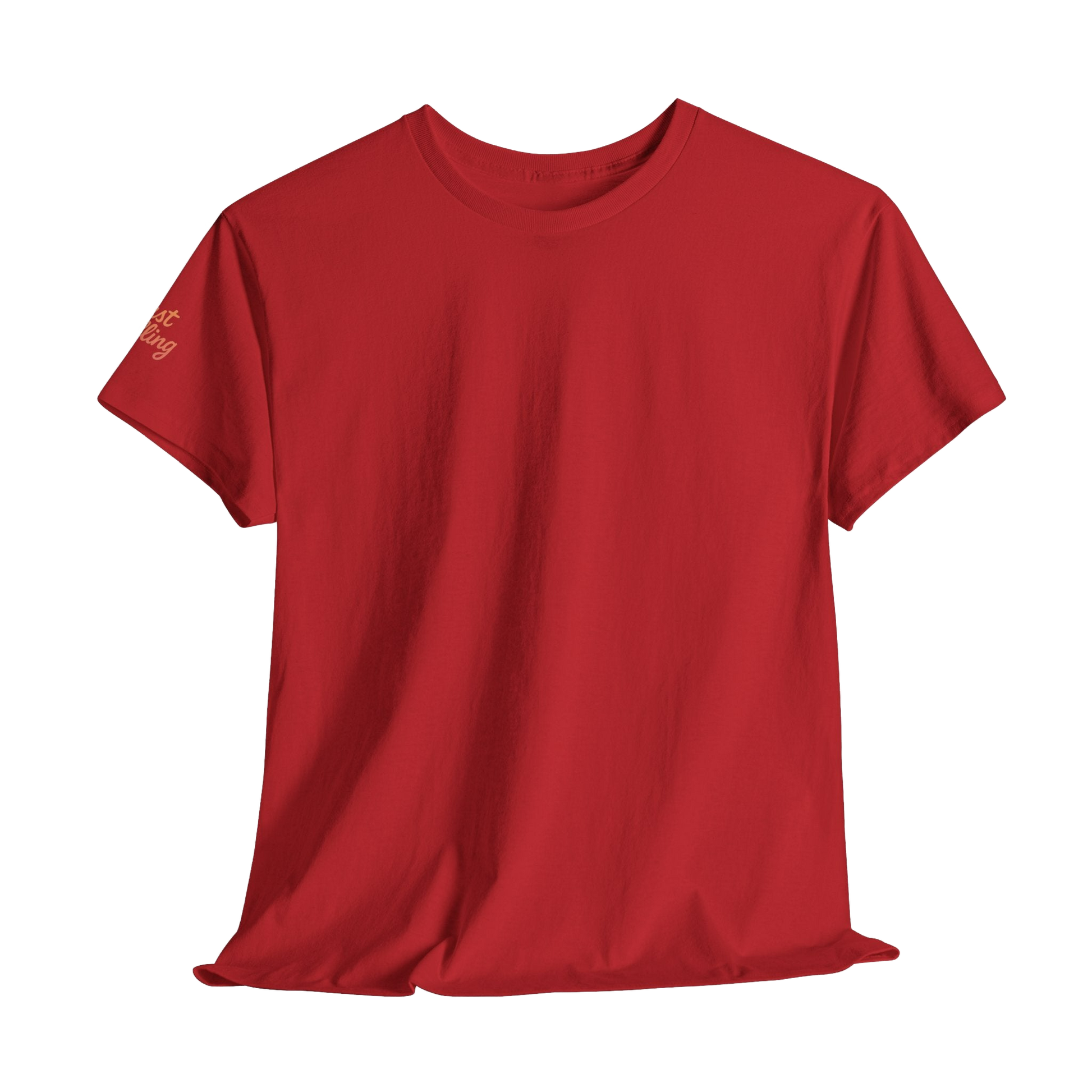 A red t-shirt is shown against a black background.