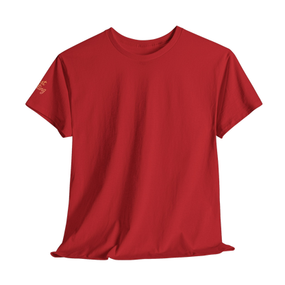 A red t-shirt is shown against a black background.