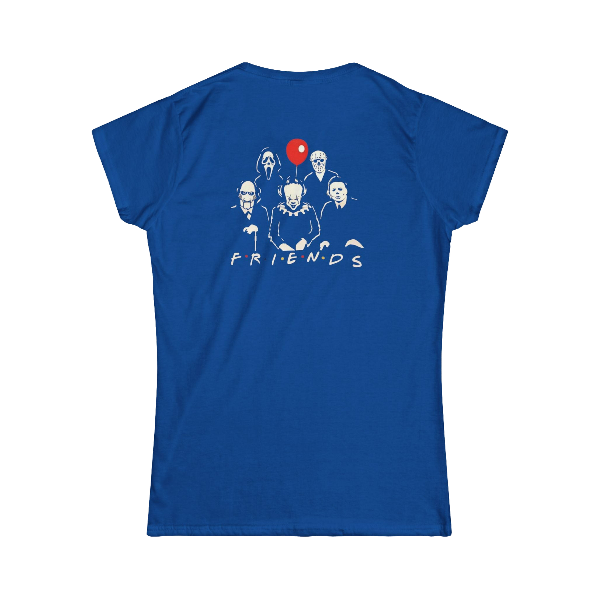 A blue t-shirt with a graphic design featuring silhouettes of five people and a red balloon.