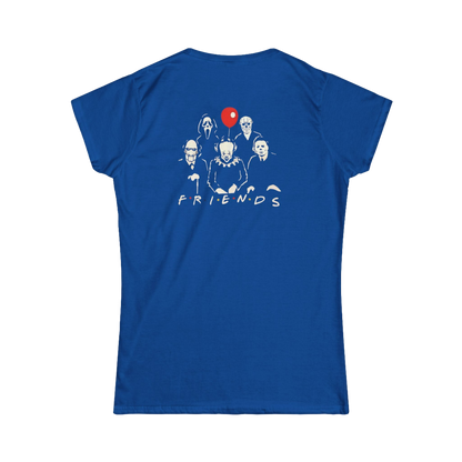 A blue t-shirt with a graphic design featuring silhouettes of five people and a red balloon.