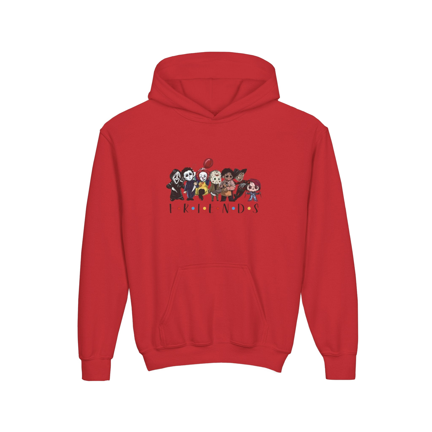 A red hoodie with a graphic design featuring a group of cartoon-style characters.