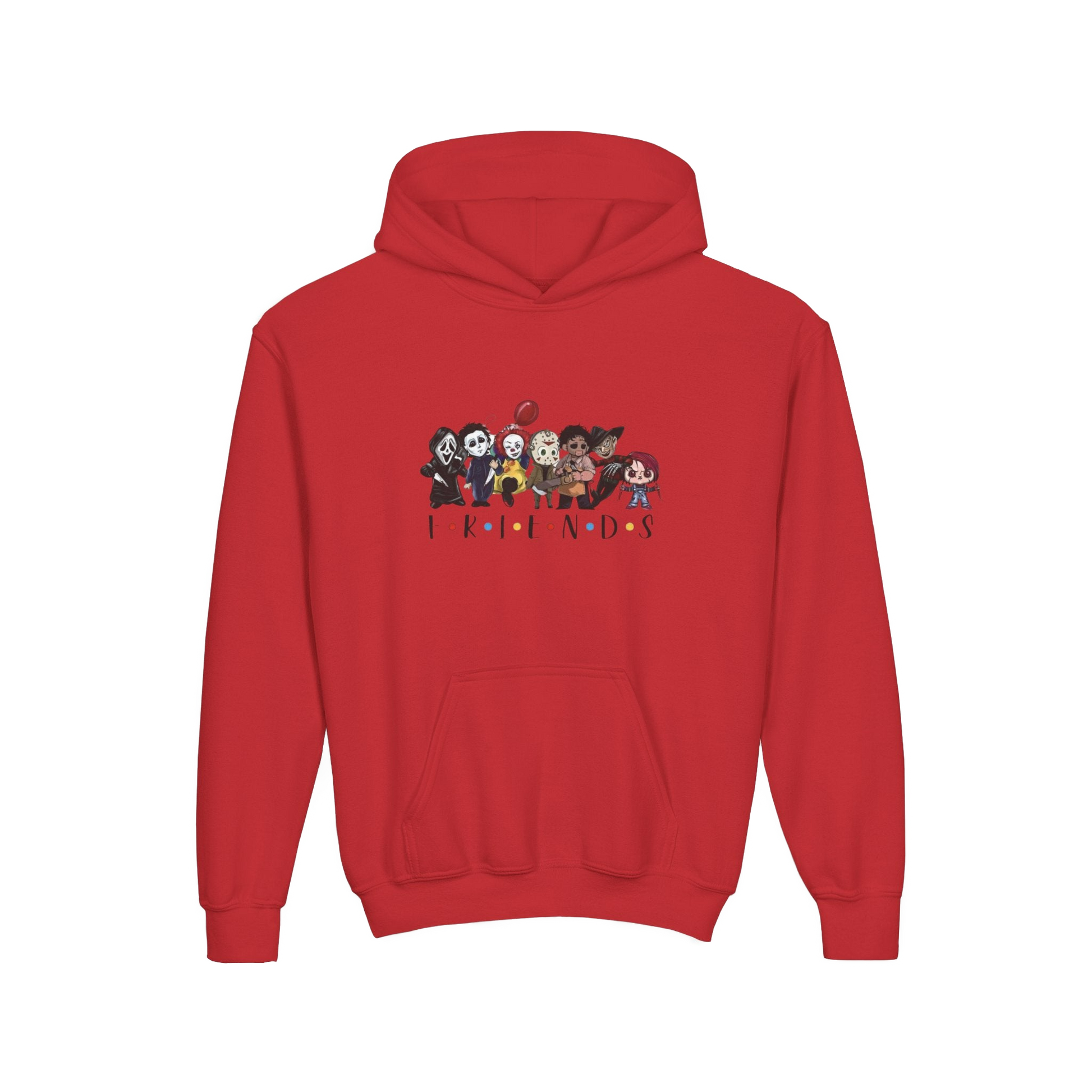 A red hoodie with a graphic design featuring a group of cartoon-style characters.