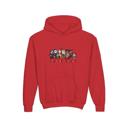 A red hoodie with a graphic design featuring a group of cartoon-style characters.