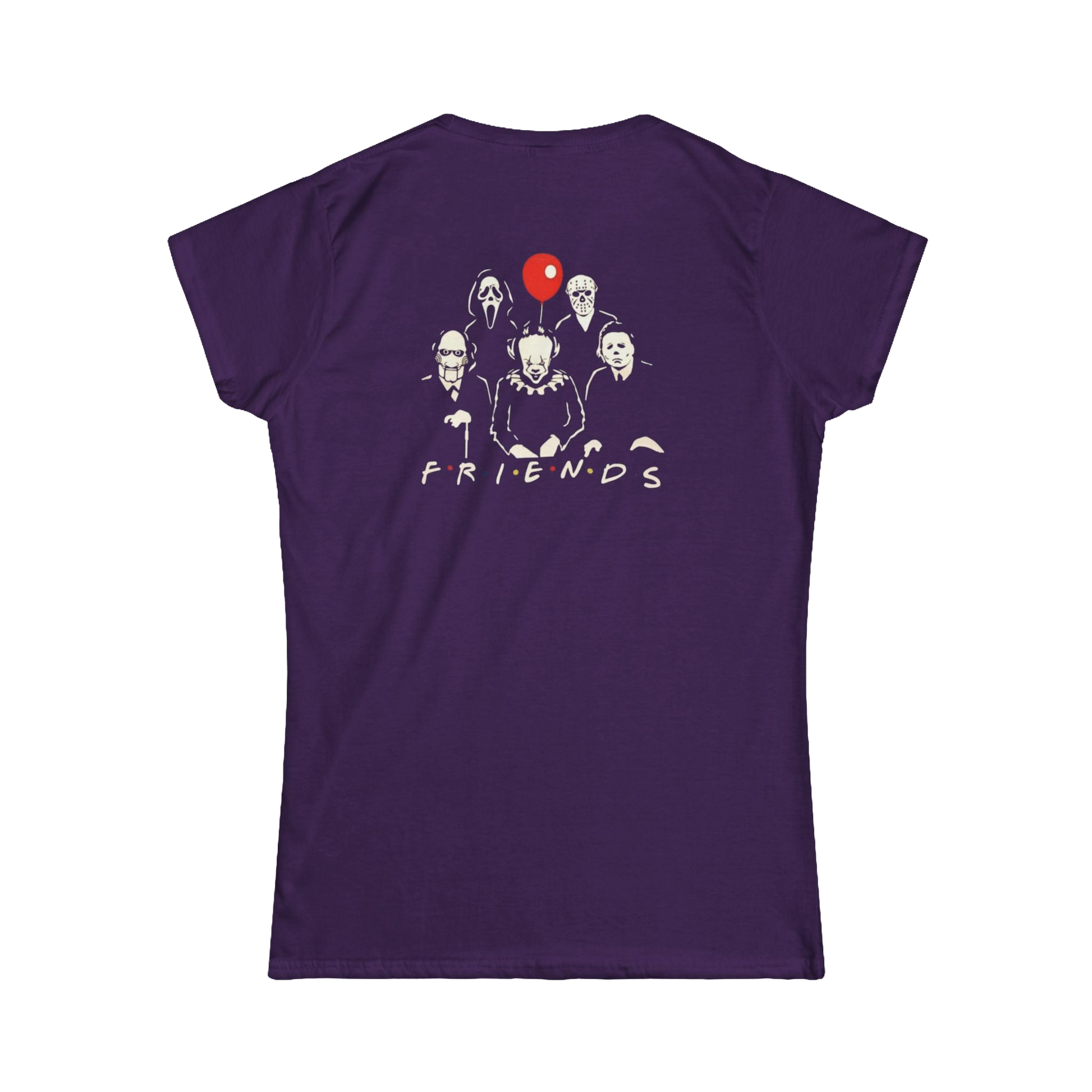 A purple t-shirt with a graphic design featuring silhouettes of five people and a red balloon.