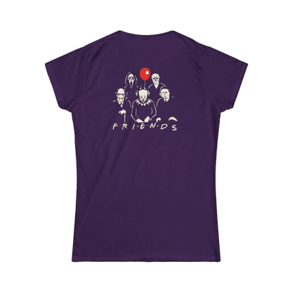 A purple t-shirt with a graphic design featuring silhouettes of five people and a red balloon.