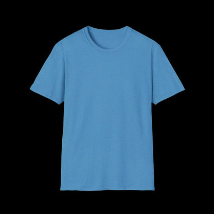 A plain, light blue t-shirt against a black background.
