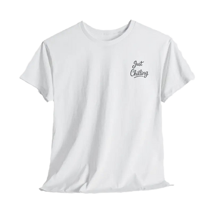 A white t-shirt with a small black text embroidered on the left side of the chest.