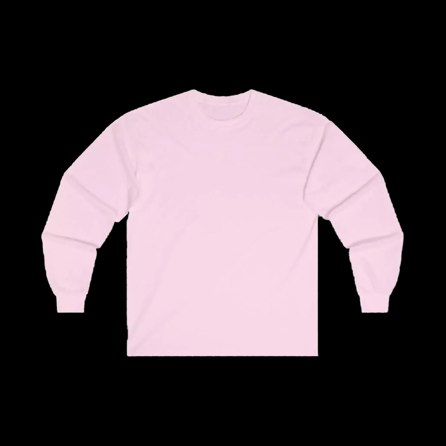 A plain, long-sleeved pink t-shirt is shown against a black background.