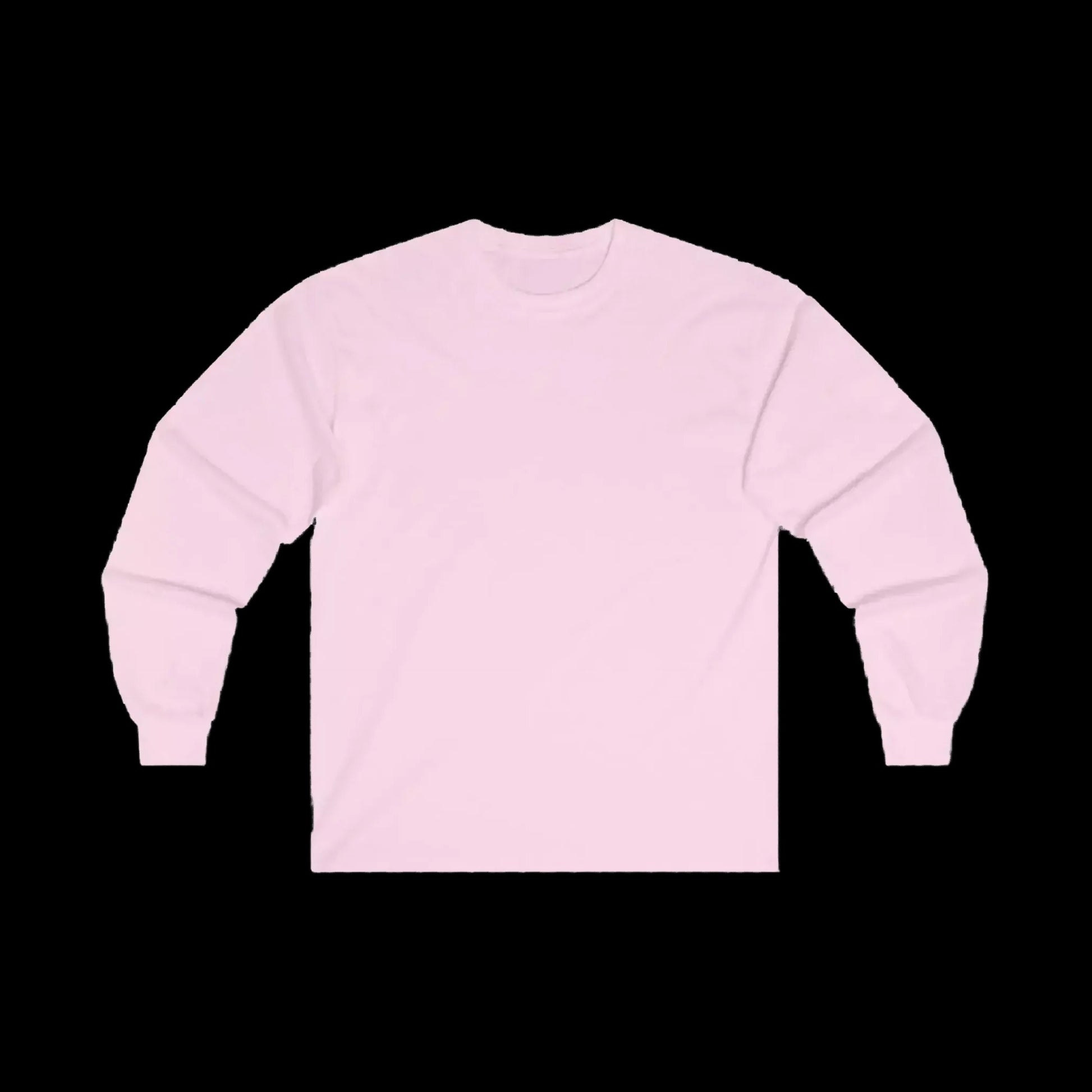 A plain, long-sleeved pink t-shirt is shown against a black background.