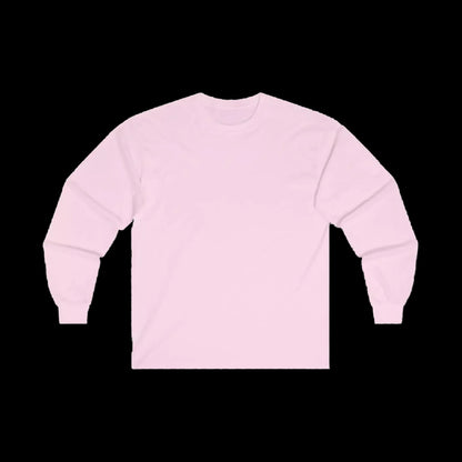 A plain, long-sleeved pink t-shirt is shown against a black background.