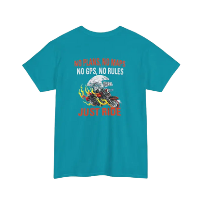 A teal-colored t-shirt with a graphic design and text printed on it.