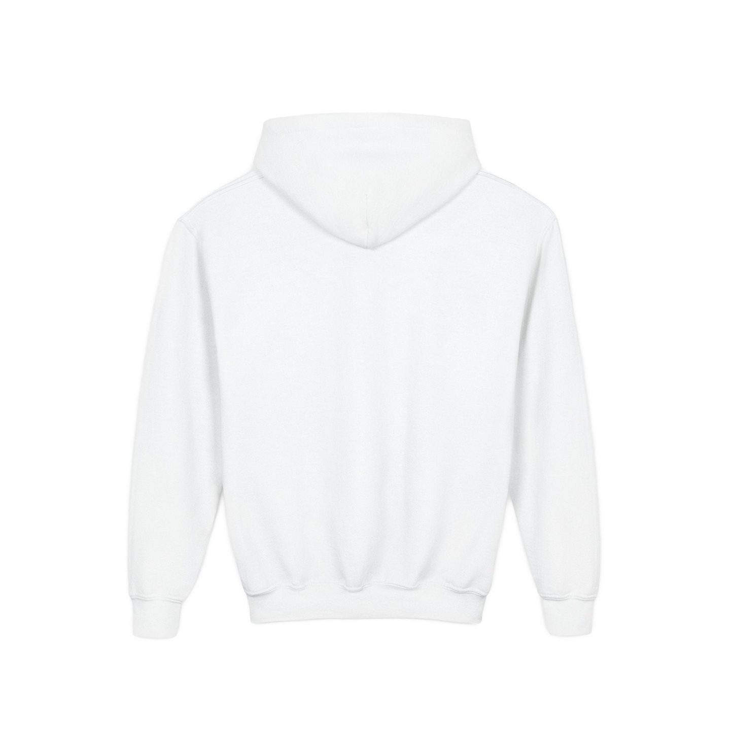A white hoodie with a hood is shown against a black background.