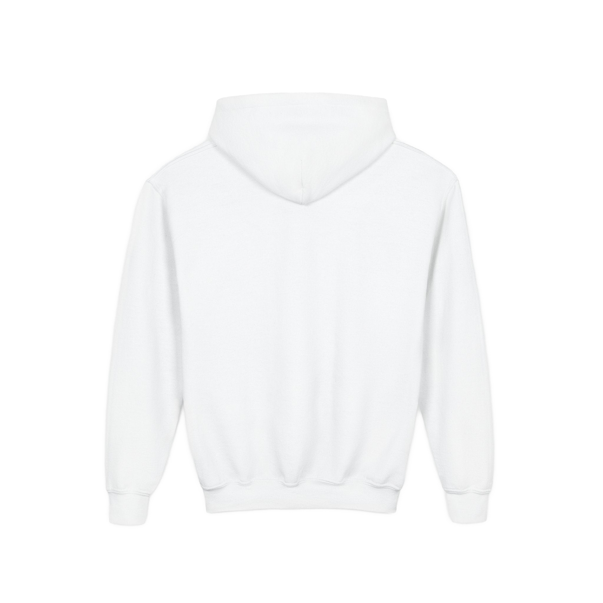 A white hoodie with a hood is shown against a black background.
