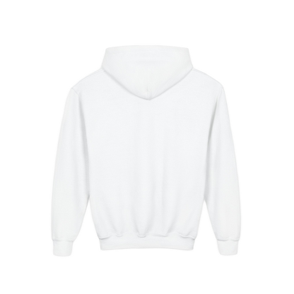 A white hoodie with a hood is shown against a black background.