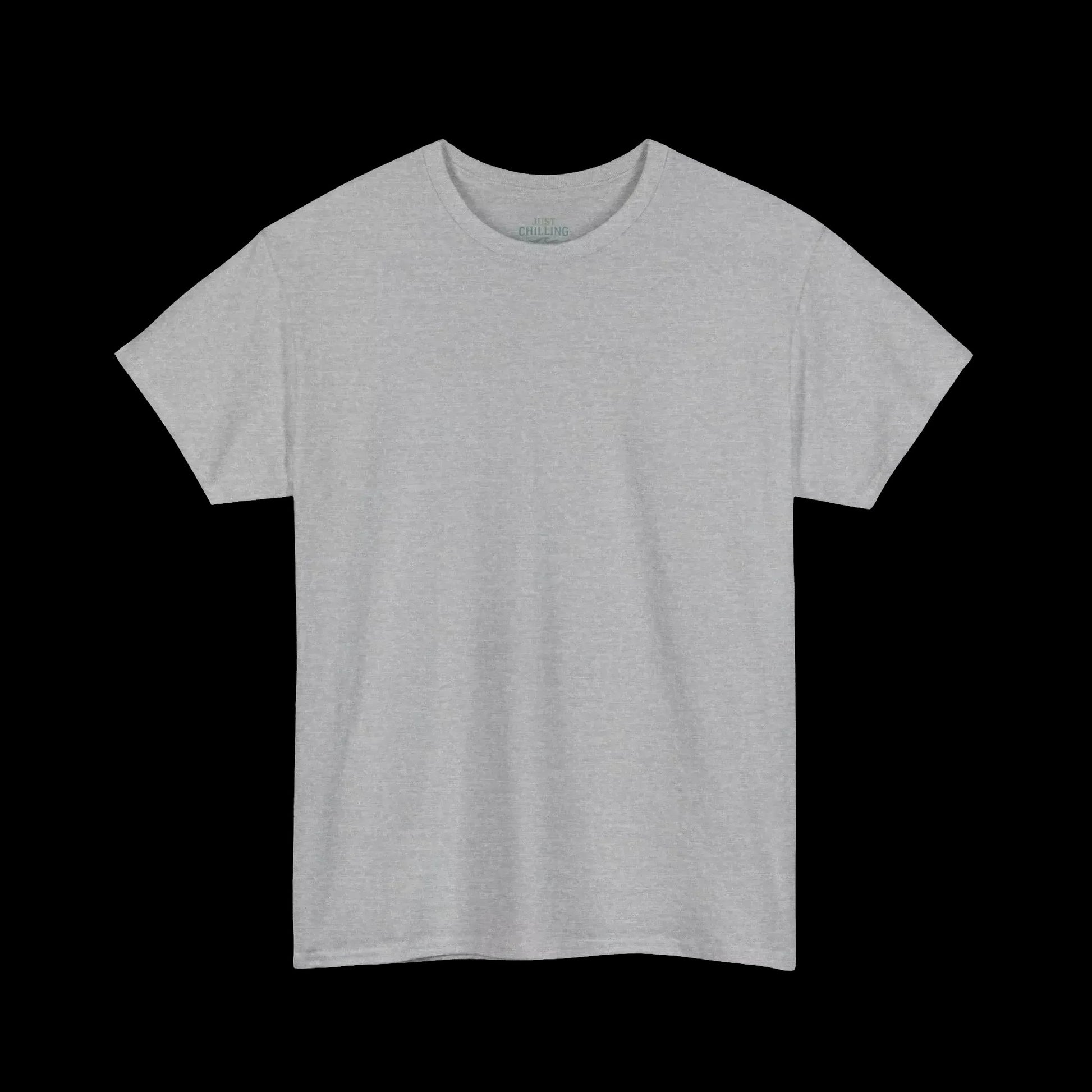 A plain, gray t-shirt against a black background.