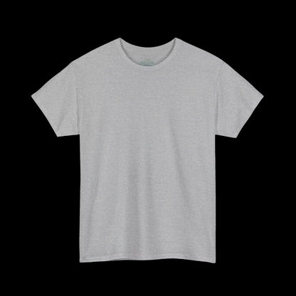 A plain, gray t-shirt against a black background.