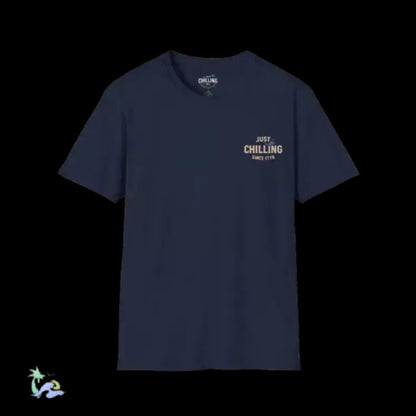 A navy blue t-shirt with a small white text logo on the left side.