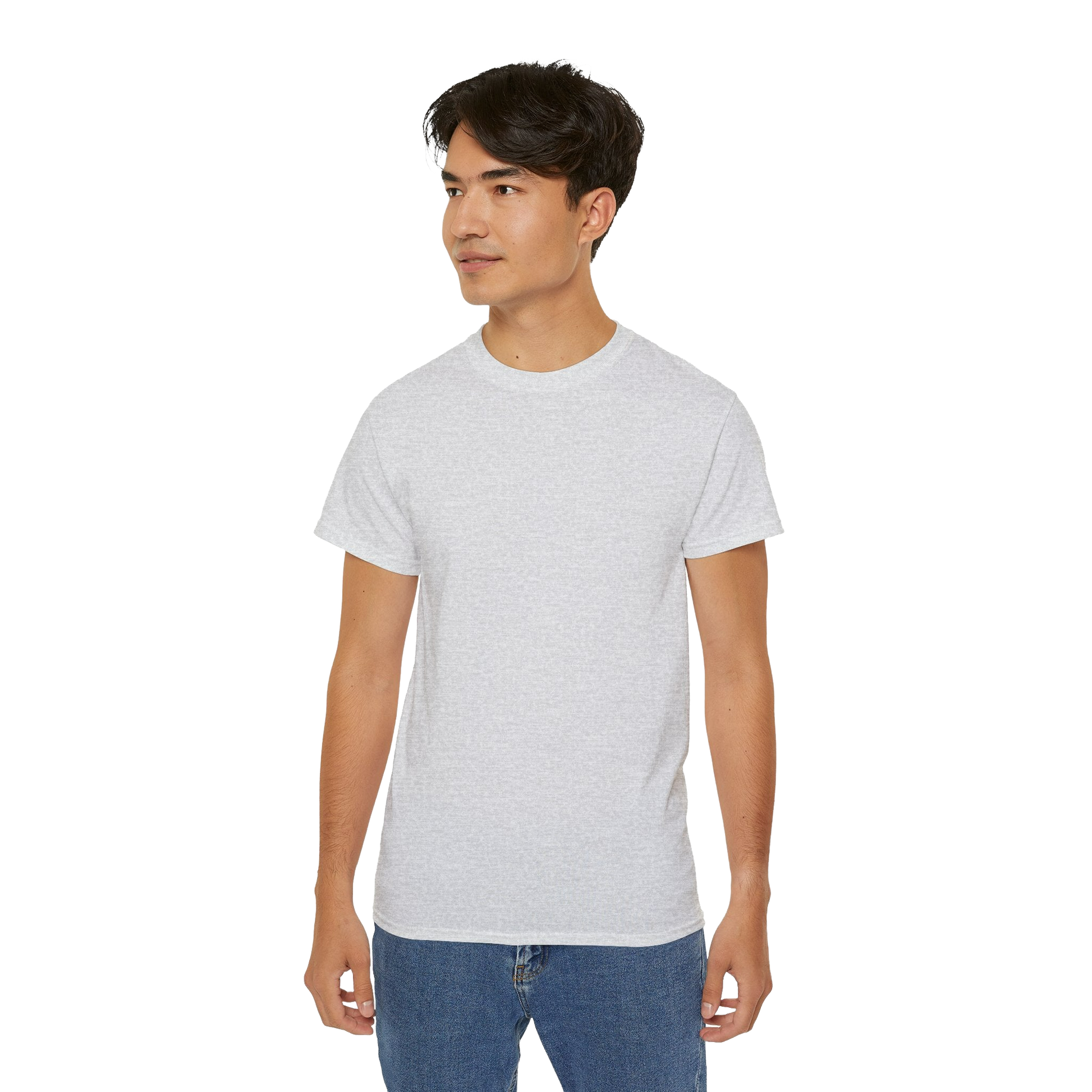 A young man wearing a white t-shirt and blue jeans stands against a black background.