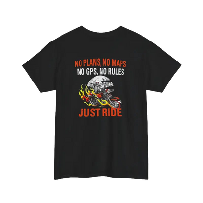 The image is a black t-shirt with a graphic design and text printed on it.