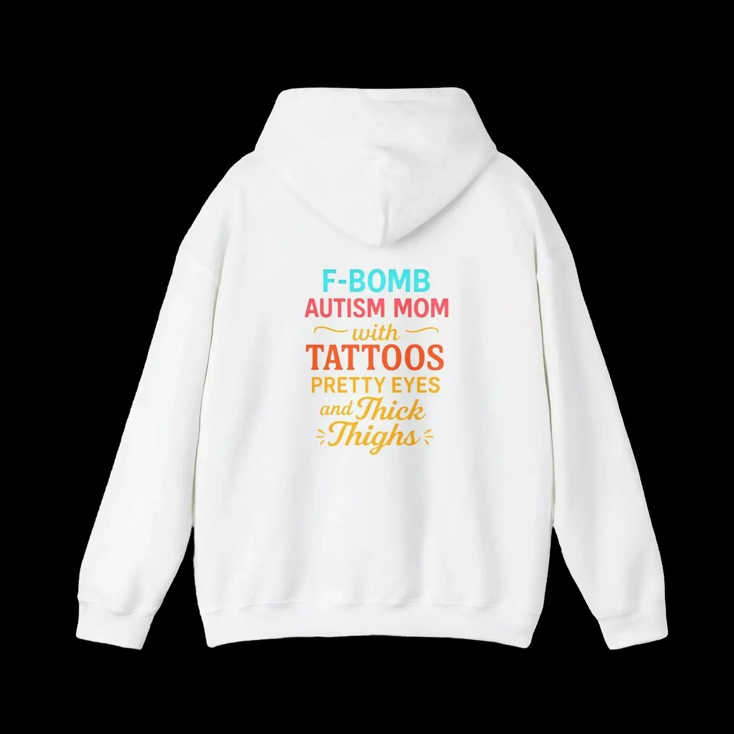 A white hoodie with text printed on the back.