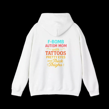 A white hoodie with text printed on the back.