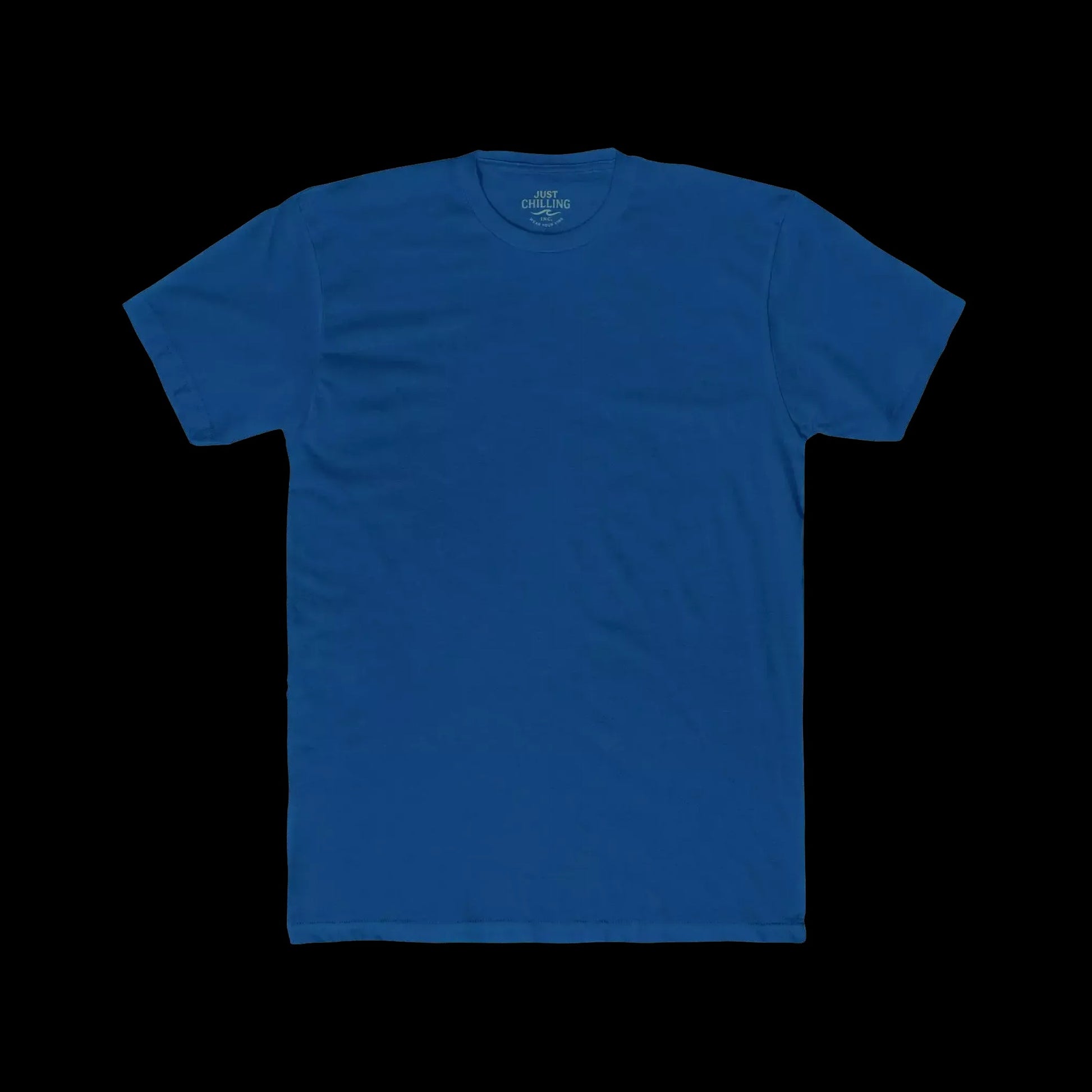 A plain, solid blue t-shirt is shown against a black background.