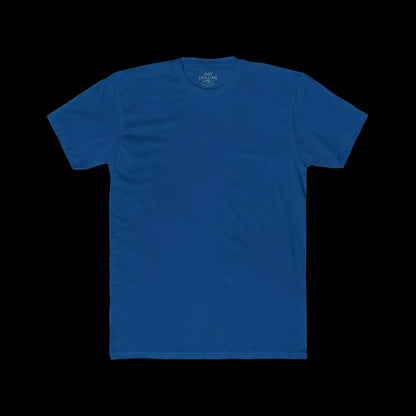 A plain, solid blue t-shirt is shown against a black background.