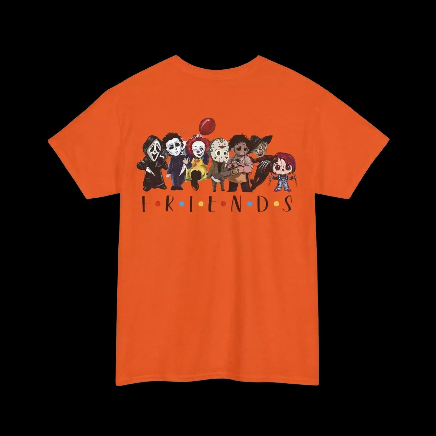 An orange t-shirt with a graphic design featuring a group of cartoon characters, including a character with a red balloon, arranged in a row.