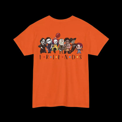 An orange t-shirt with a graphic design featuring a group of cartoon characters, including a character with a red balloon, arranged in a row.