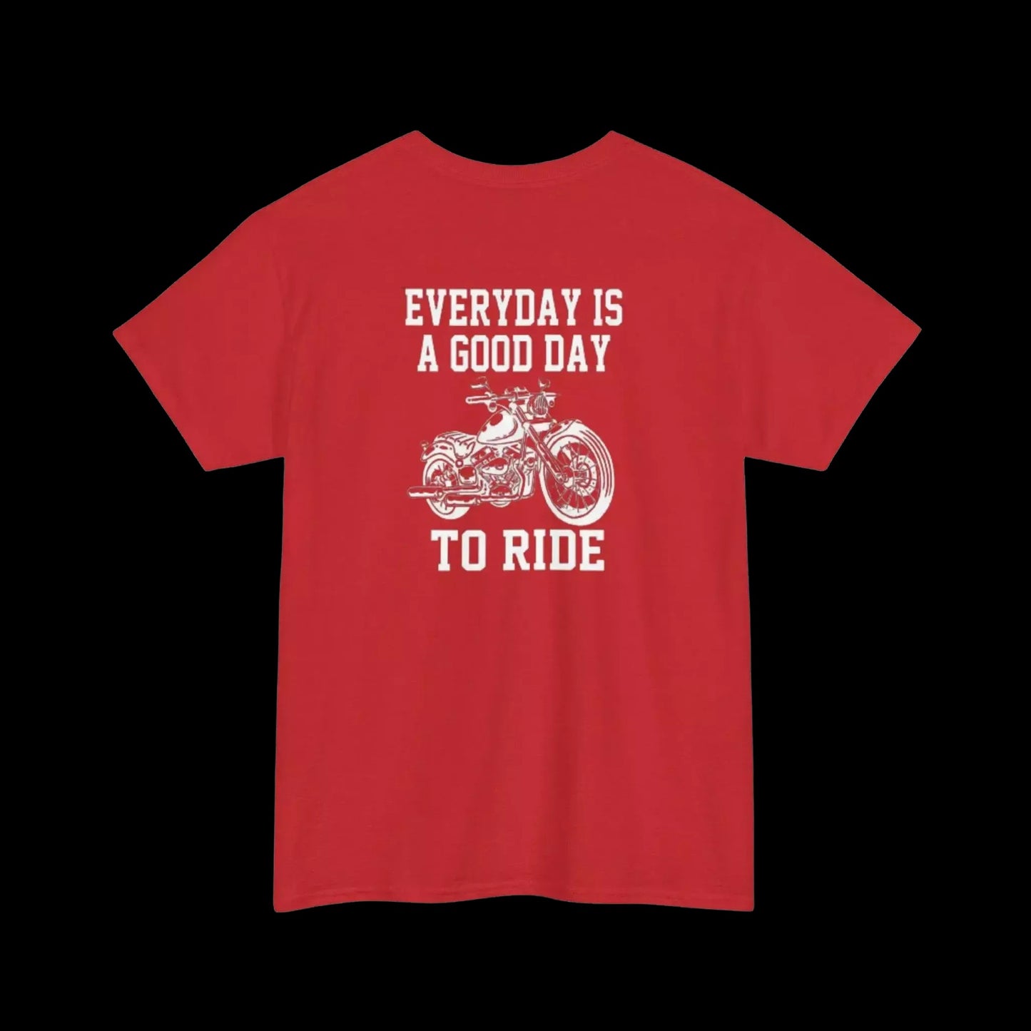 A red t-shirt with a white graphic design and text printed on it.