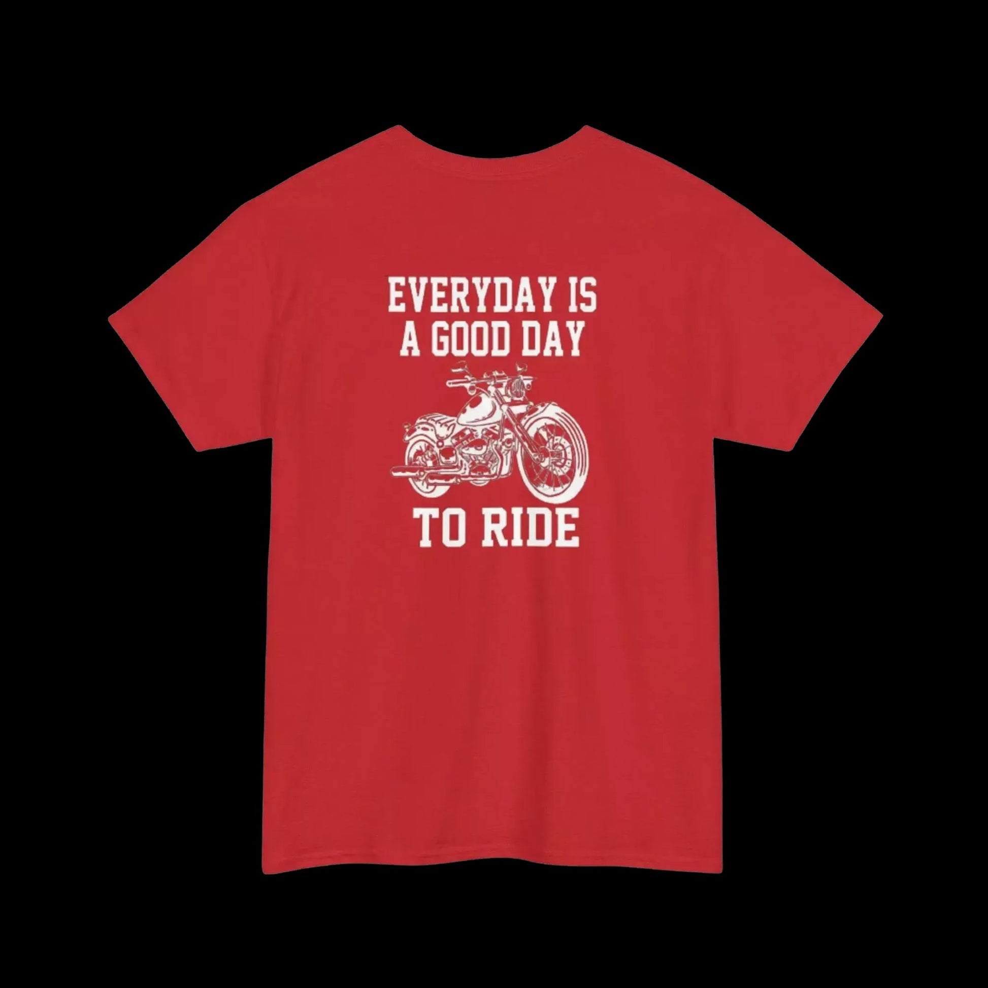 A red t-shirt with a white graphic design and text printed on it.