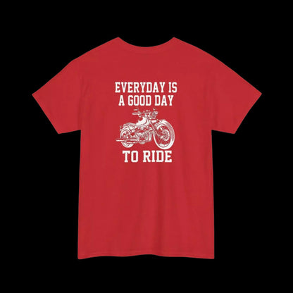 A red t-shirt with a white graphic design and text printed on it.