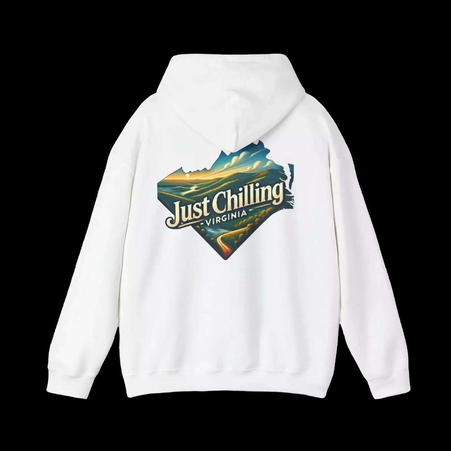 A white hoodie with a graphic design on the back, featuring a scenic landscape with mountains and a winding road.