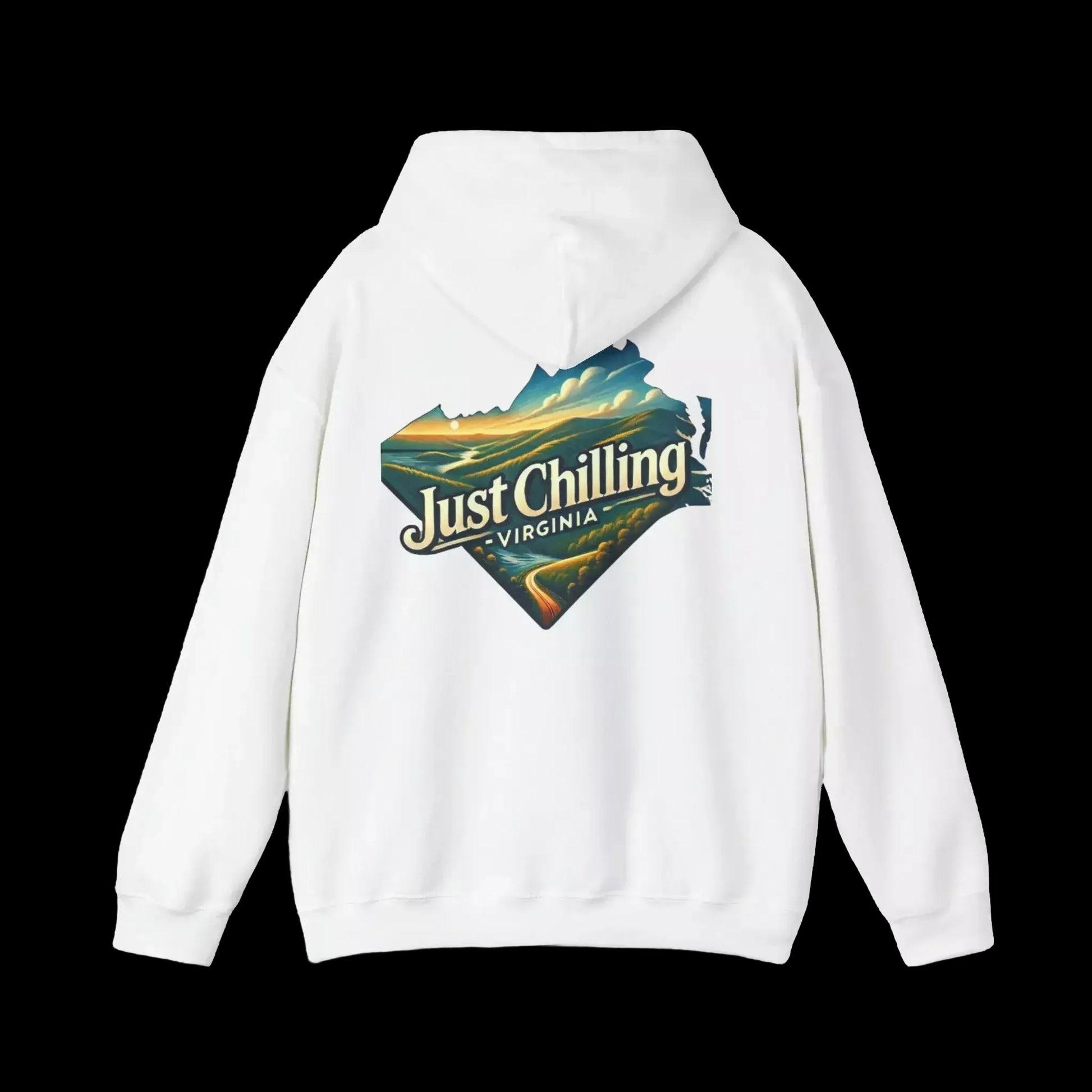 A white hoodie with a graphic design on the back, featuring a scenic landscape with mountains and a winding road.