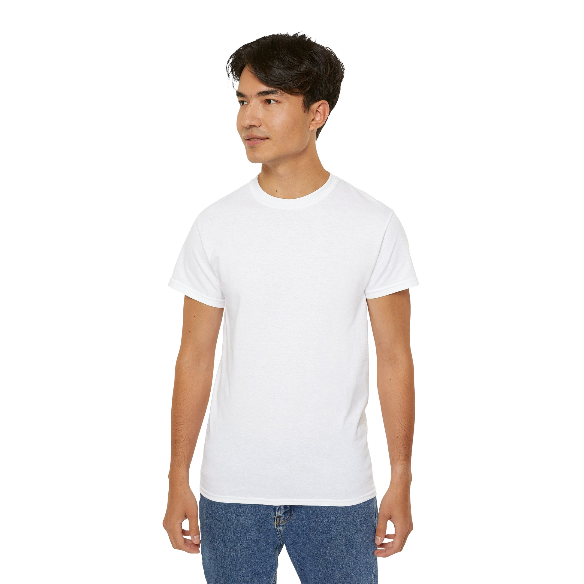 A young man wearing a white t-shirt and blue jeans stands against a black background.