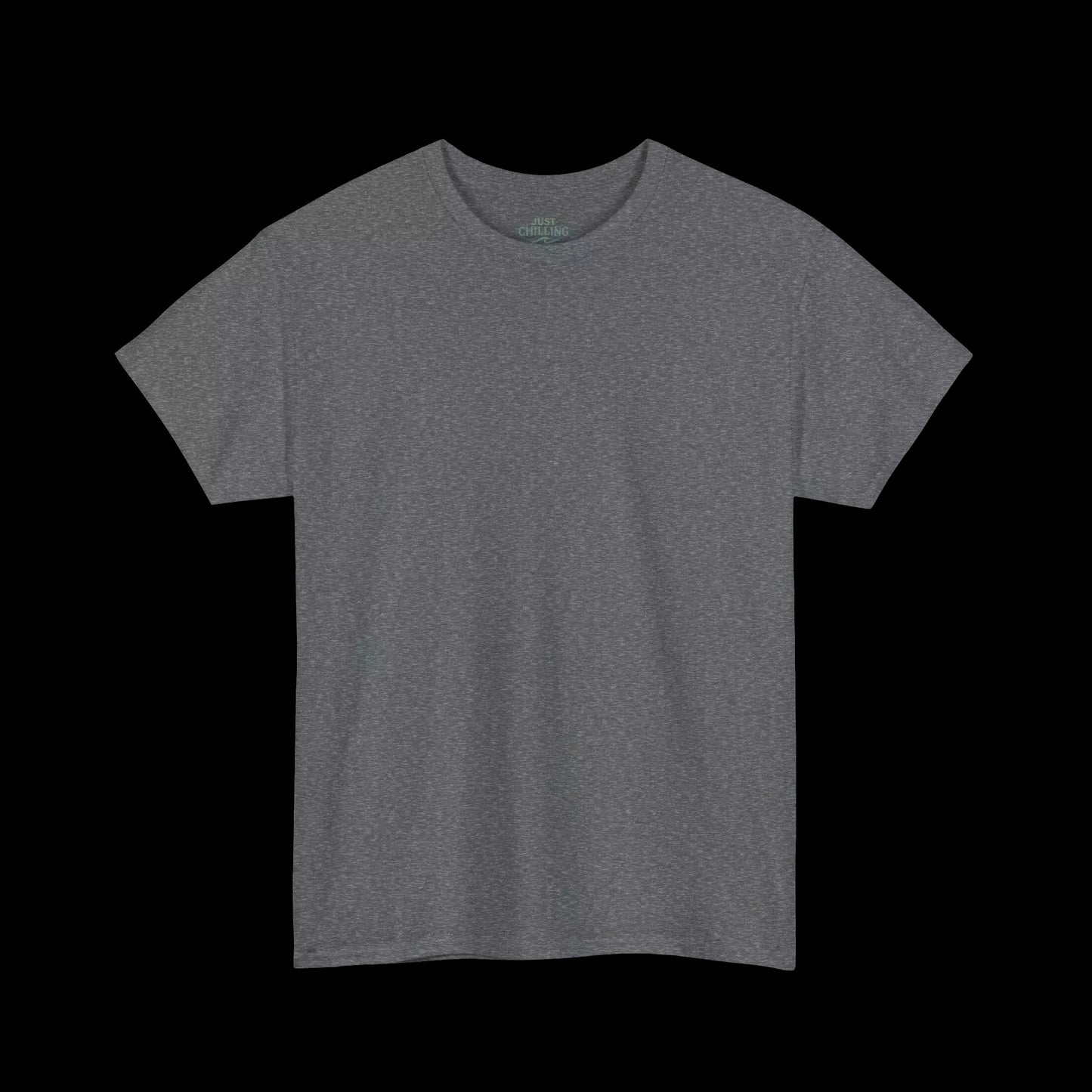 A plain gray t-shirt against a black background.